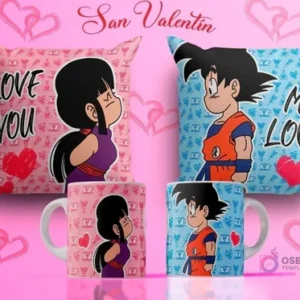 Diseños de sublimación para tazas y cojines del Día del Amor con Goku niño y Chi-Chi de Dragon Ball mirándose, fondos rosa y azul con textos 'Love You' y 'My Love'.