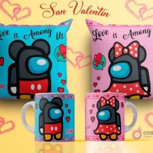 Diseños de sublimación para tazas y cojines del Día del Amor con personajes de Among Us disfrazados de Mickey y Minnie, fondos azules y rosas con corazones y textos 'Love is Among Us' y 'Te Amo'.