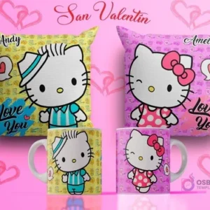 Plantillas de sublimación para tazas y cojines del Día del Amor con Hello Kitty y un personaje masculino, fondos amarillo y rosa con el texto 'Love You' y nombres 'Andy' y 'Amelia'.