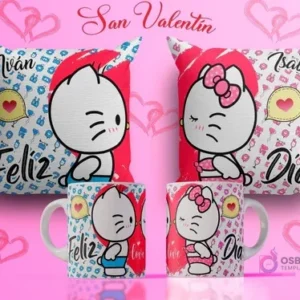 Diseños de sublimación para tazas y cojines del Día del Amor con Hello Kitty y un personaje masculino de frente, fondos azul y rosa con el texto 'Feliz Día' y nombres 'Iván' e 'Isabel'.