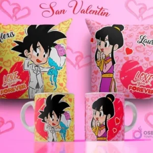 Plantillas de sublimación para tazas y cojines del Día del Amor con Goku en traje y Chi-Chi de Dragon Ball, Goku ofreciendo flores, fondos amarillo y rosa con el texto 'Love You Forever'.