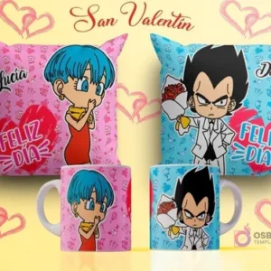 Diseños de sublimación para tazas y cojines del Día del Amor con Vegeta en traje y Bulma de Dragon Ball, Vegeta ofreciendo flores, fondos azul y rosa con el texto 'Feliz Día'.