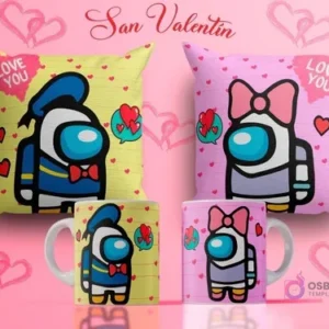 Plantillas de sublimación para tazas y cojines del Día del Amor con personajes de Among Us disfrazados de Donald y Daisy, fondos amarillo y rosa con el texto 'Love You'.