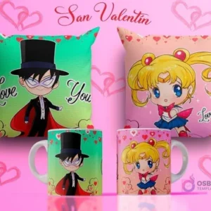 Diseños de sublimación para tazas y cojines del Día del Amor con Tuxedo Mask y Sailor Moon, fondos verde y rosa con el texto 'Love You'.