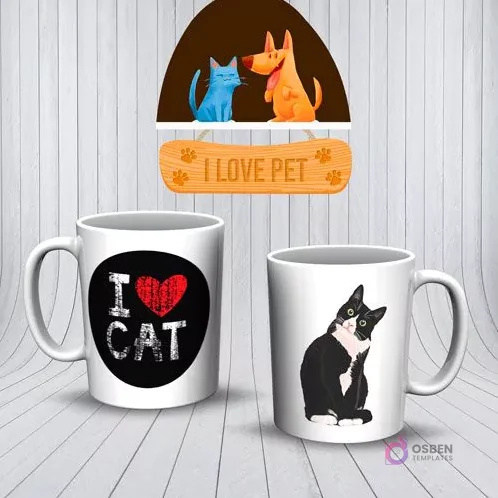 Mockup de dos tazas blancas con diseños de gatos. Una taza negra con 'I ❤️ CAT' y otra con un gato blanco y negro mirando curioso. Mockup de dos tazas blancas con diseños de gatos. Una taza negra con 'I ❤️ CAT' y otra con un gato blanco y negro mirando curioso.