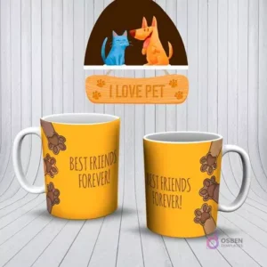 Mockup de dos tazas amarillas con un diseño de huellas de perro y el texto 'BEST FRIENDS FOREVER!'.