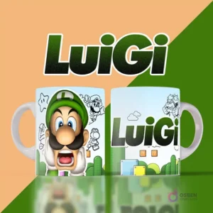 Mockup de dos tazas blancas con diseños de Luigi. Una muestra a Luigi sorprendido con burbujas de pensamiento y dibujos de fantasmas, la otra el logo de Luigi sobre un paisaje verde simple. Fondo dividido naranja y verde.