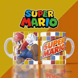 Mockup de dos tazas blancas con diseños de Super Mario. Una muestra a Mario dando un puñetazo con un fondo de cuadrados de colores, la otra el logo de Super Mario sobre el mismo patrón de cuadrados. Fondo dividido amarillo y rojo.