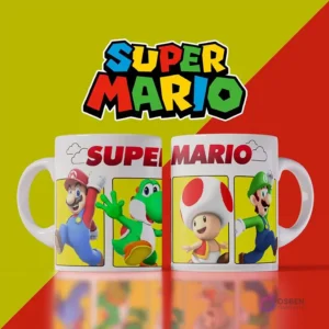 Mockup de dos tazas blancas con diseños de Super Mario. Una muestra a Mario, Yoshi, Toad y Luigi en paneles individuales sobre un fondo amarillo, la otra el logo de Super Mario. Fondo dividido amarillo y rojo.