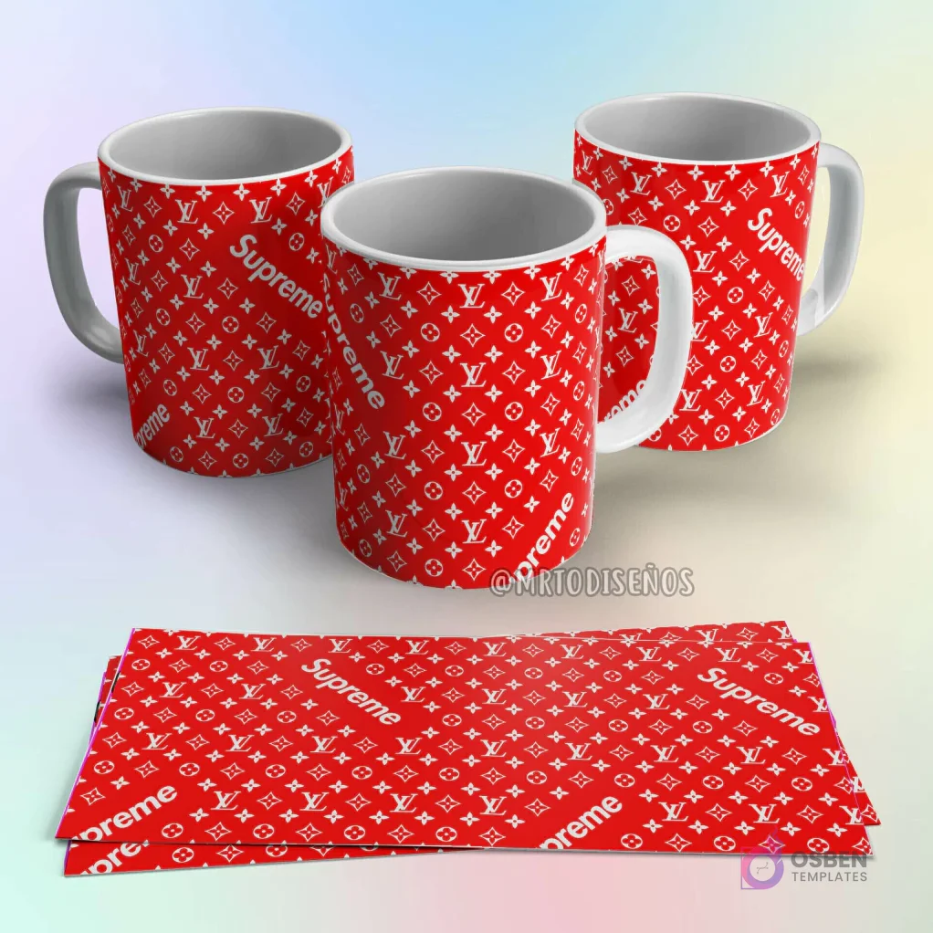 Taza de sublimación Supreme y Louis Vuitton roja con patrón de monograma LV y logo Supreme en blanco Taza de sublimación Supreme y Louis Vuitton roja con patrón de monograma LV y logo Supreme en blanco