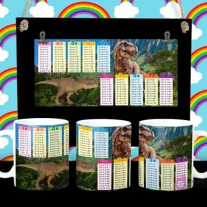 Diseño de tabla de multiplicar con Tyrannosaurus Rex y paisaje jurásico en tazas sublimadas