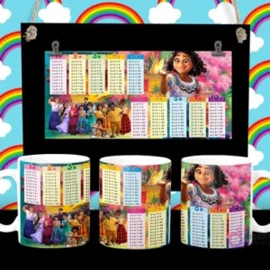 Diseño de tabla de multiplicar con Mirabel y personajes de Encanto Disney en tazas sublimadas