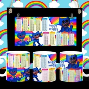 Diseño de tabla de multiplicar con Huggy Wuggy azul de Poppy Playtime en tazas sublimadas
