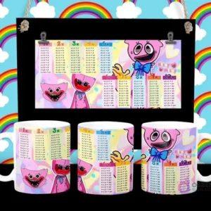 Diseño de tabla de multiplicar con Kissy Missy rosa de Poppy Playtime en tazas sublimadas