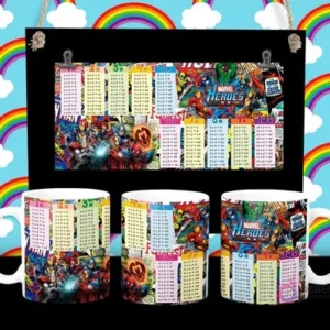 Diseño de tabla de multiplicar con Capitán América, Spiderman y otros héroes Marvel en tazas sublimadas