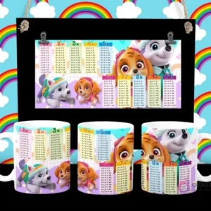 Diseño de tabla de multiplicar con Everest y Skye de Paw Patrol en tazas sublimadas