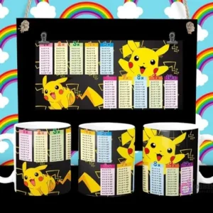 Diseño de tabla de multiplicar con Pikachu y rayos eléctricos en tazas sublimadas