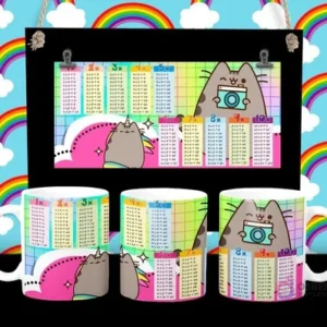 Diseño de tabla de multiplicar con gato Pusheen unicornio y cámara en taza sublimada