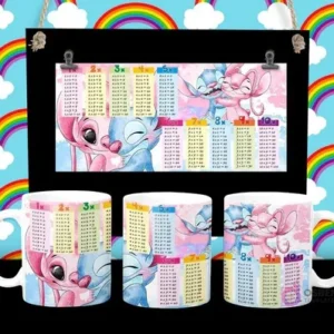 Diseño de tabla de multiplicar con Stitch y Angel de Disney en tazas sublimadas