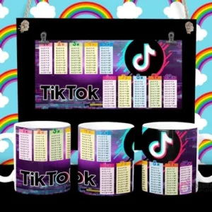 Diseño de tabla de multiplicar con logo y estética de TikTok en tazas sublimadas