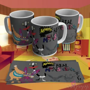 Plantilla para taza de sublimación de ¡Aaahh!!! Monstruos de Verdad, mostrando a Ickis, Oblina y Krumm con el logo de la serie.