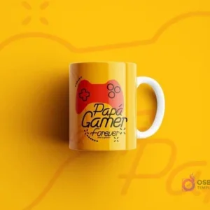 Mockup de taza amarilla con asa blanca, diseño de mando rojo y texto 'Papá Gamer Forever' en negro, sobre fondo amarillo con contorno abstracto de control