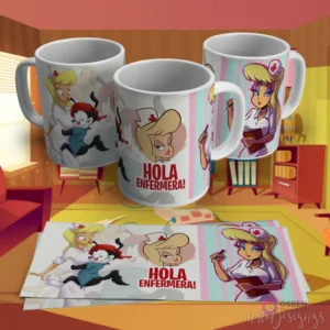 Diseño para taza de sublimación con una enfermera retro estilo Betty Boop y personajes de Animaniacs, con la frase