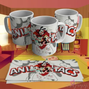 Diseño para taza de sublimación de los Animaniacs, con Yakko, Wakko, Dot, Pinky y Cerebro sobre un fondo blanco con un corazón rojo.