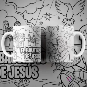 Dos tazas blancas con diseño para colorear de El Bautismo de Jesús, mostrando a Juan el Bautista y Jesús en el agua, con una paloma. Texto 'EL BAUTIZMO DE JESÚS'.