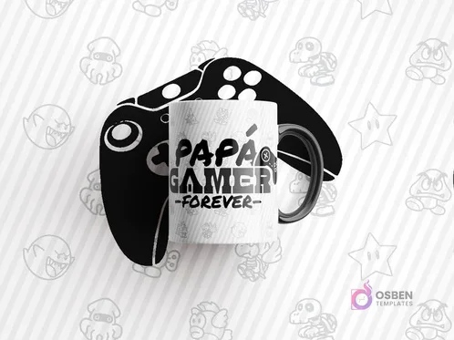 Mockup de taza blanca con diseño monocromático en negro 'PAPÁ GAMER -FOREVER-' y un mando de consola negro detrás, sobre fondo rayado con dibujos de Mario Bros Mockup de taza blanca con diseño monocromático en negro 'PAPÁ GAMER -FOREVER-' y un mando de consola negro detrás, sobre fondo rayado con dibujos de Mario Bros