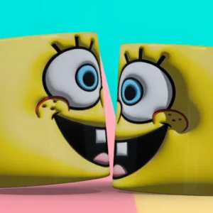 Taza 3D con diseño de la cara sonriente de Bob Esponja con dientes de conejo, ocupando toda la superficie