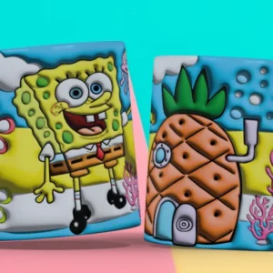 Taza 3D con diseño de Bob Esponja con traje de corbata roja y la piña casa, con flores submarinas