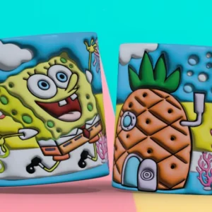Taza 3D con diseño de Bob Esponja sonriente y la piña casa, con burbujas y algas de fondo