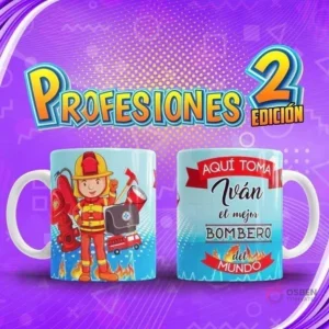 Taza de sublimación personalizada con diseño de Bombero y nombre 'Iván', del pack Profesiones El Mejor Volumen 2
