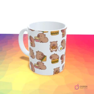 Taza blanca con un patrón repetido de pequeños capibaras comiendo diversos alimentos como sándwiches, pretzels y palomitas.