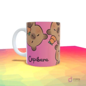 Taza con degradado de rosa a morado, con un patrón de capibaras con naranjas en la cabeza y el nombre 'Capibara'.