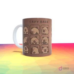 Taza marrón con una cuadrícula de nueve imágenes de capibaras con diferentes expresiones y el texto 'CAPY BARA'.
