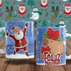 Dos tazas blancas con diseños de Navidad. Una taza muestra a Papá Noel bailando alegremente. La otra taza presenta un capibara con un gorro verde y un lazo rojo, sobre el texto 'Feliz Navidad'.
