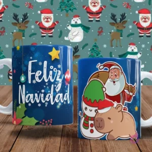 Par de tazas sublimadas con motivos invernales. Una taza destaca el texto 'Feliz Navidad' con estrellas brillantes. La otra muestra a Papá Noel, un muñeco de nieve y un capibara en un paisaje nevado.