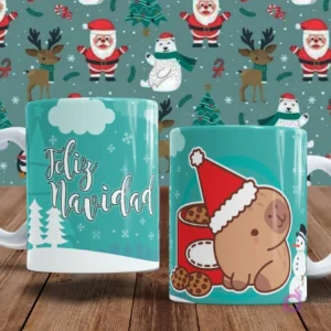 Dos tazas con diseños para sublimación. Una taza de color menta claro tiene 'Feliz Navidad' y árboles nevados. La otra taza presenta un capibara con gorro de Papá Noel y galletas de jengibre dentro de una taza roja.