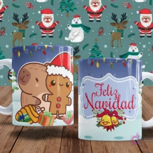 Tazas con personajes festivos. Una taza muestra un capibara abrazando a un hombre de jengibre junto a regalos. La otra taza dice 'Feliz Navidad' con campanas y lazos rojos.