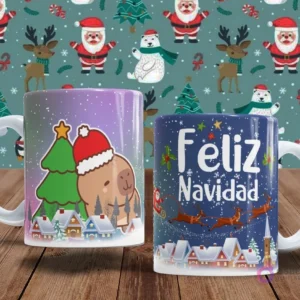 Tazas para sublimación con motivos de invierno. Una taza muestra un capibara con gorro navideño y un árbol entre casitas nevadas. La otra taza presenta 'Feliz Navidad' con Papá Noel en su trineo y renos.