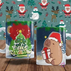 Dos tazas con temática navideña y paisajes nevados. Una taza muestra un árbol de Navidad brillante con 'Feliz Navidad'. La otra taza presenta un capibara con gorro de Papá Noel sosteniendo un regalo en un paisaje invernal.
