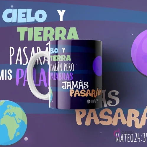 Taza cristiana morada con el versículo 'Cielo y Tierra Pasarán' de Mateo 24:35, en un fondo espacial con planetas. Taza cristiana morada con el versículo 'Cielo y Tierra Pasarán' de Mateo 24:35, en un fondo espacial con planetas.