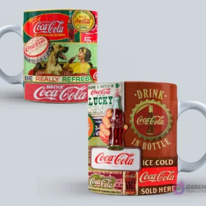 Taza con múltiples diseños de anuncios vintage de Coca-Cola, destacando su iconografía clásica y eslóganes.