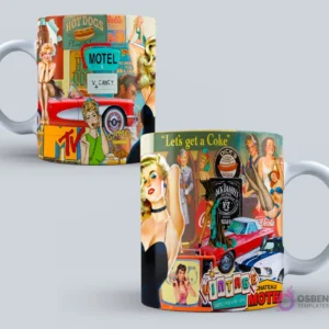 Taza con un dinámico collage de publicidad retro, incluyendo varias pin-up girls, coches clásicos, logos de marcas y un ambiente festivo.