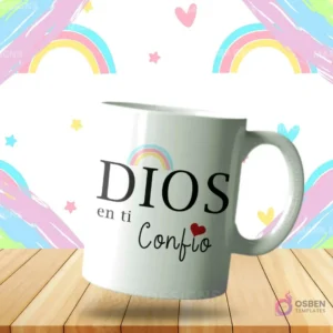 Taza sublimada con diseño cristiano 'Dios en ti Confío' y arcoíris