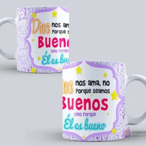 Mockup de taza sublimada con la frase 'Dios nos ama, no porque seamos buenos sino porque Él es bueno' sobre un fondo blanco con patrones ornamentales morados y estrellas.