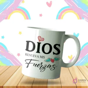Taza sublimada con diseño cristiano 'Dios Renueva mis Fuerzas' y corazón alado