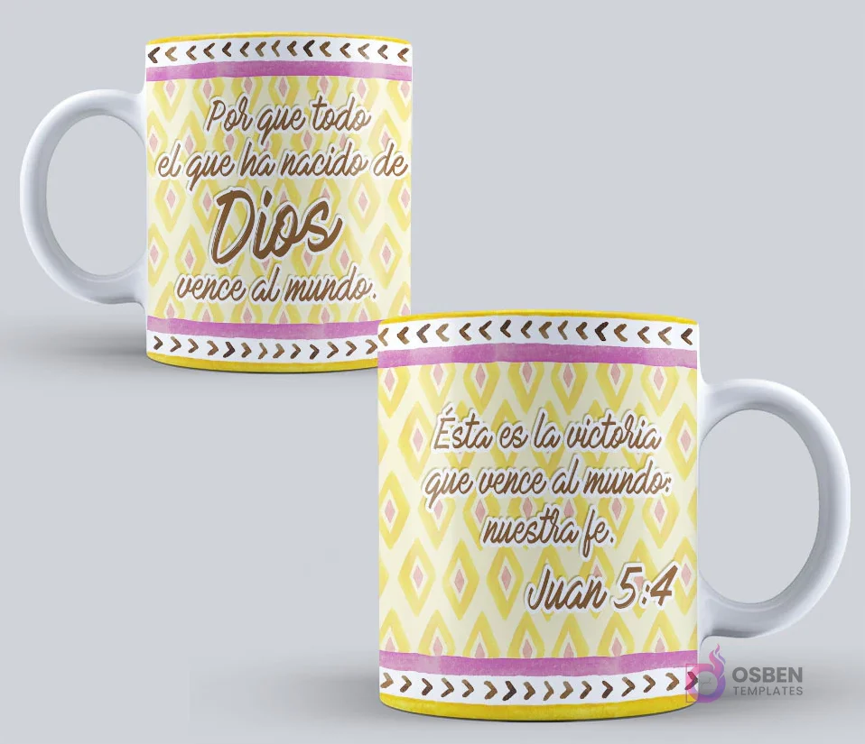 Taza sublimada con el mensaje "Porque todo el que ha nacido de Dios vence al mundo. Ésta es la victoria que vence al mundo: nuestra fe. Juan 5:4" con un patrón geométrico amarillo y morado Taza sublimada con el mensaje "Porque todo el que ha nacido de Dios vence al mundo. Ésta es la victoria que vence al mundo: nuestra fe. Juan 5:4" con un patrón geométrico amarillo y morado